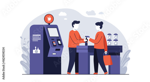 Customer paying with a mobile phone in a store with self-checkout and other customers
