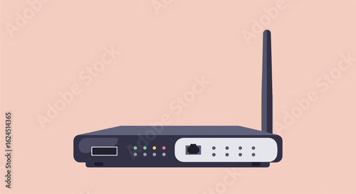 Wireless router with blinking lights on pink background, graphic resource