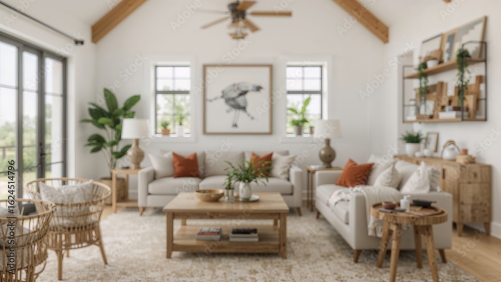 Fototapeta premium Modern farmhouse living room with shiplap walls and rustic wooden details, creating a warm and welcoming atmosphere.