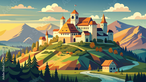 Majestic Spis Castle stands tall, overlooking the scenic Slovak countryside bathed in golden light. Stone walls, medieval towers, and winding trails blend with rolling green hills and whispering wildf