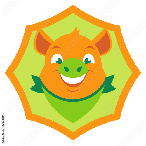 Mischievous Cartoon Pig in Orange and Lime with Exaggerated Badge Shape