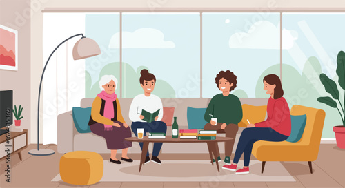 Family Gathering reading & drinking, sitting on sofa. Trees outside window