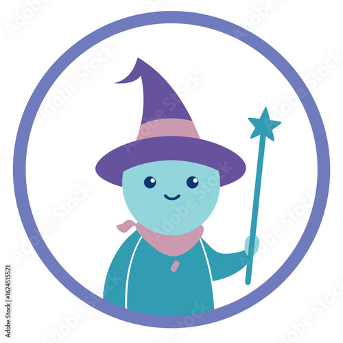 Whimsical Sorcerer with Glowing Wand in Pastel Cartoon Emblem