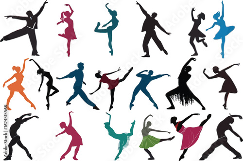 Diverse dancers in dynamic poses ballet silhouettes