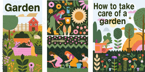 Diverse people tending to beautiful gardens with vibrant flowers and healthy plants