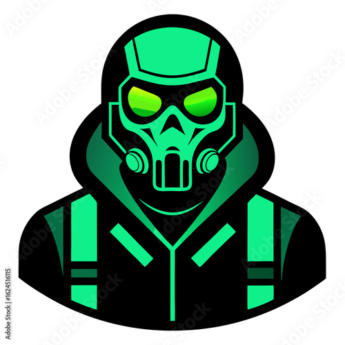 Cyber Soldier Skull with Neon Green Mask and Tactical Combat Badge