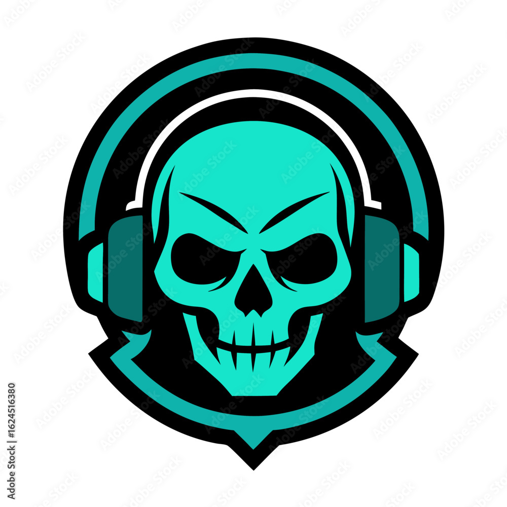 Fototapeta premium Neon Skull Gamer with Headset and Cyan Glow in Compact Vector Emblem