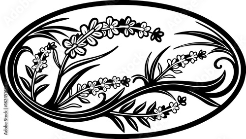 Floral design with oval frame featuring stylized flowers and leaves in black and white monochrome art