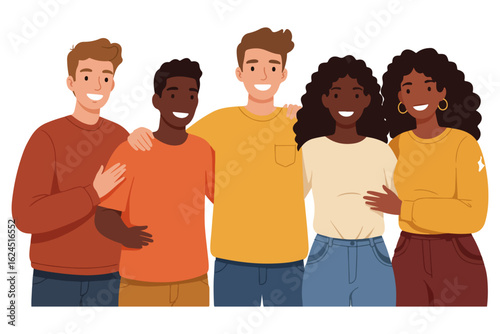 Diverse group of five friends smiling and embracing on a white background group of people