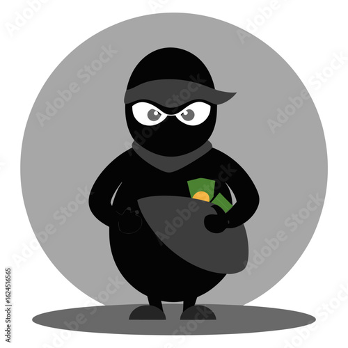 Grayscale Robber Mascot with Glowing Eyes and Cash Bag in Dark Crest
