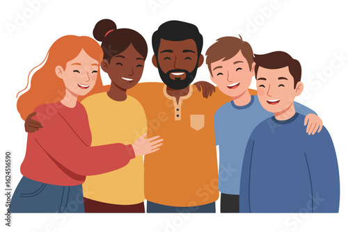Diverse group of five friends embracing and smiling on a white background people diversity