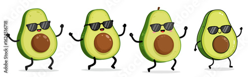 Four cartoon avocados wearing sunglasses dancing and jumping with joy fruit food