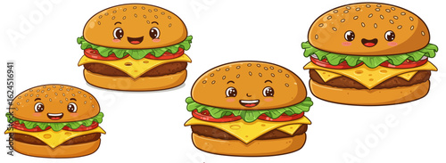 Four happy cartoon cheeseburgers with smiling faces and rosy cheeks hamburger food
