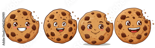 Four happy chocolate chip cookies with bites taken out on a white background food sweet