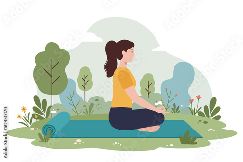 Woman meditating in lotus pose on yoga mat in serene natural landscape meditation