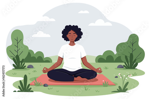 Woman meditating peacefully in lotus pose on a pink mat in a park with trees and clouds