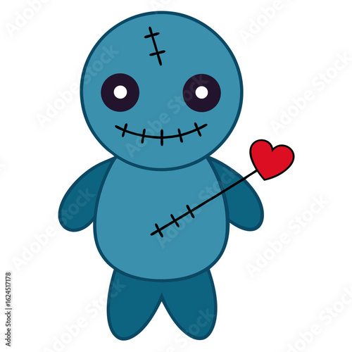 Cartoon Voodoo Doll with Heart and Pins in Spooky-Cute Vector Look