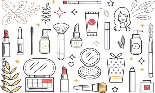 Makeup and beauty essentials with botanical accents and sparkling stars lipstick mascara