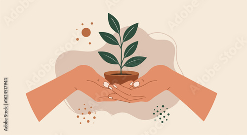 Cupped hands holding a potted plant, with abstract shapes on neutral background