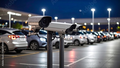 Night-time view of security cameras overlooking a car lot