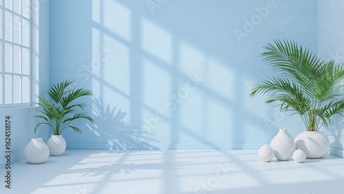 3D empty space with a blue gradient abstract background, highlighting shadows of windows, floral elements, and palm leaves, ideal for product presentation and blurred effects.