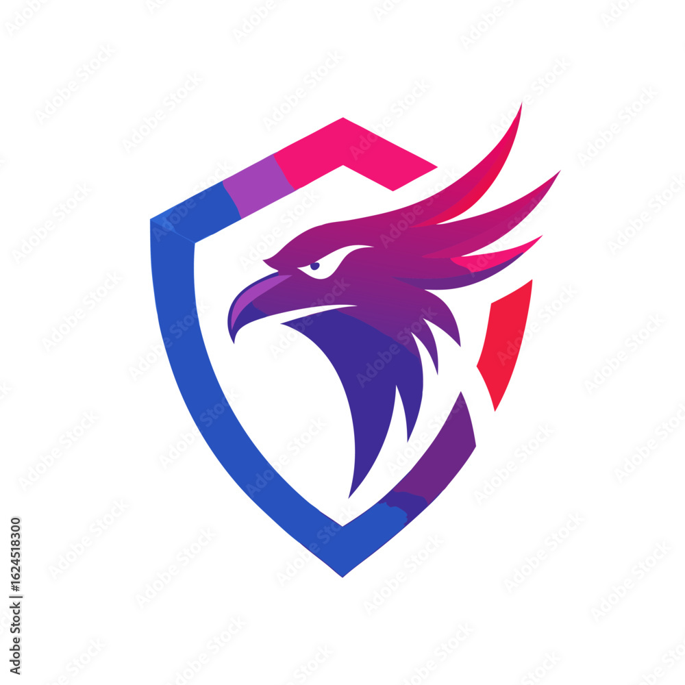 Obraz premium Minimalist Eagle Head in Blue-Red Gradient with Shield Accents in Clean Crest