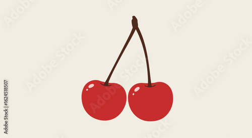 Two ripe red cherries hanging with cream background, for food designs