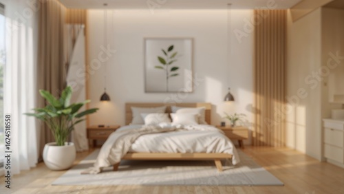 Peaceful bedroom scene with gentle lighting and wooden accents for a soothing home environment.
