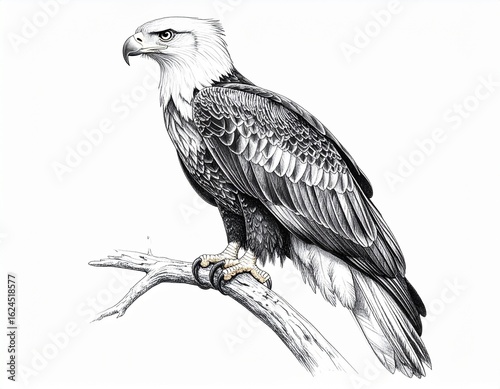 Detailed Pen and Ink Drawing of an American Bald Eagle Perched on a Branch