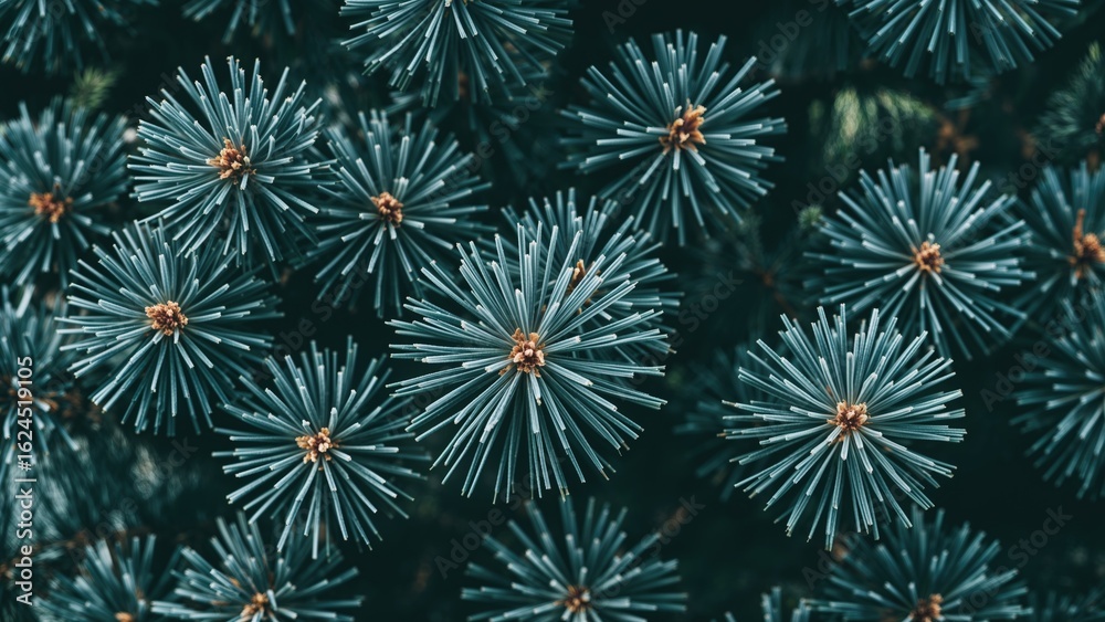 Fototapeta premium Detailed view of coniferous tree's short needles in blue hues against a green background