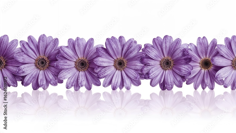 Obraz premium Delicate violet blooms with translucent petals aligned on a reflective white surface, featuring chamomile, daisy, chrysanthemum, and phlox flowers, space at the bottom for text, evoking a gentle