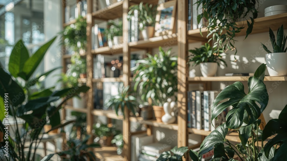 Fototapeta premium Soft-focus backdrop of a tastefully organized bookshelf with assorted books and greenery, bathed in gentle daylight, evoking a calm and welcoming atmosphere for reading.