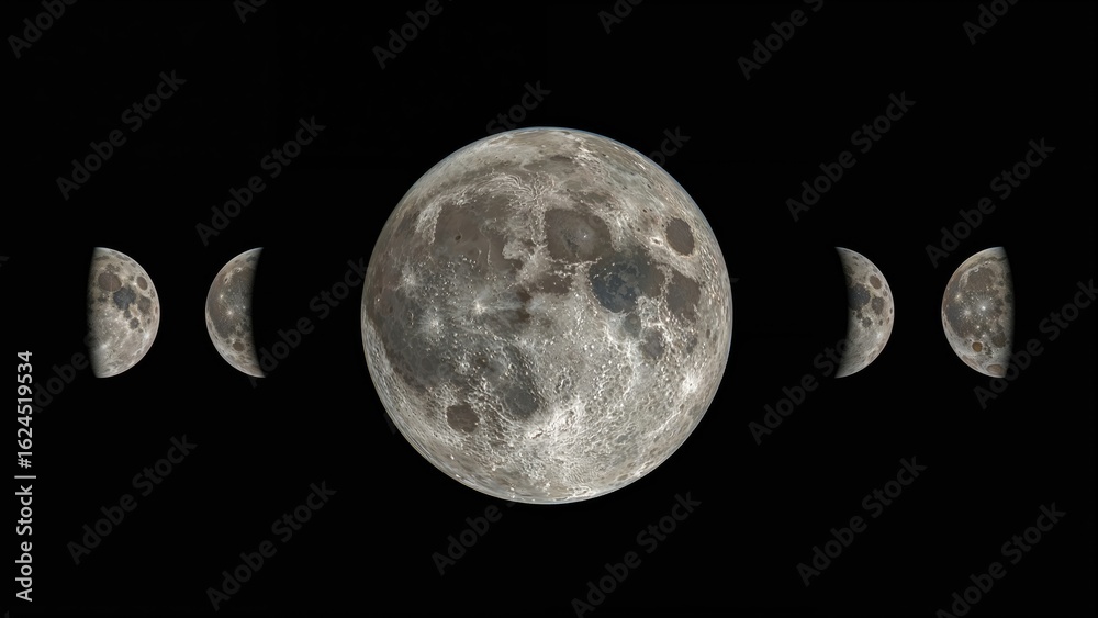 Obraz premium Illustration of the lunar phases: Waning Crescent, Third Quarter, Waning Gibbous, Full Moon, Waxing Gibbous, First Quarter, and Waxing Crescent on a black canvas.