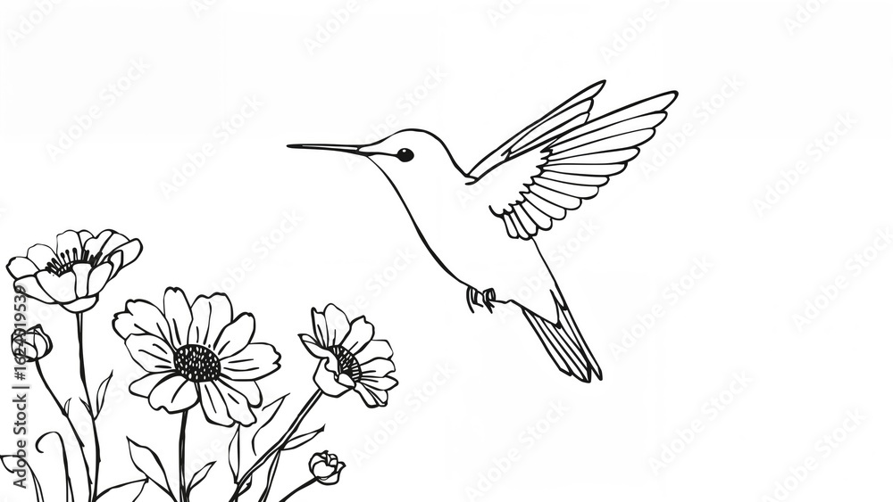 Naklejka premium Single-line hummingbird illustration with floral elements on a stark white background