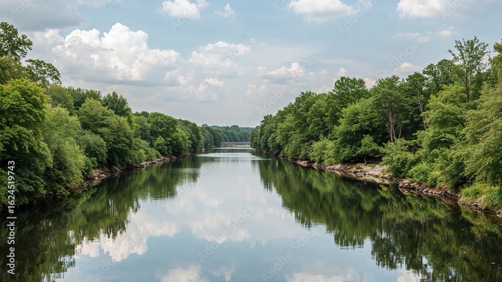 A peaceful waterway flows silently, echoing the vibrant leaves of encircling trees beneath a pale sky dotted with wispy clouds, crafting a soothing natural scene. A peaceful waterway flows silently, echoing the vibrant leaves of encircling trees beneath a pale sky dotted with wispy clouds, crafting a soothing natural scene.