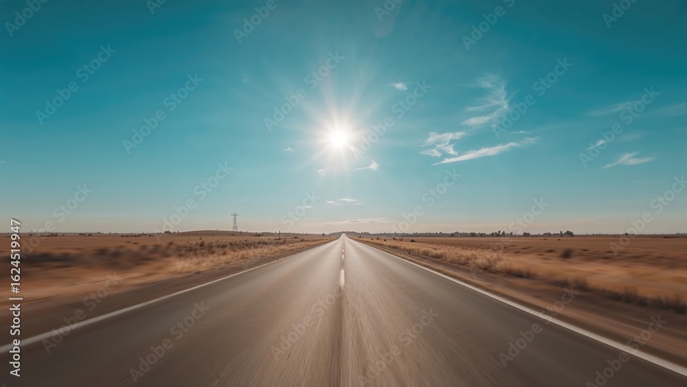 Naklejka premium Fuzzy street scene with a radiant sun and soft blue sky
