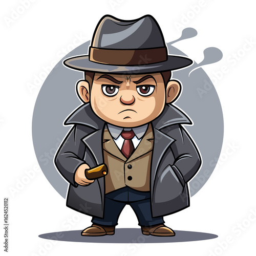 Cartoon Mobster Boy with Cigar and Fedora in Flat-Shaded Mafia-Themed Badge