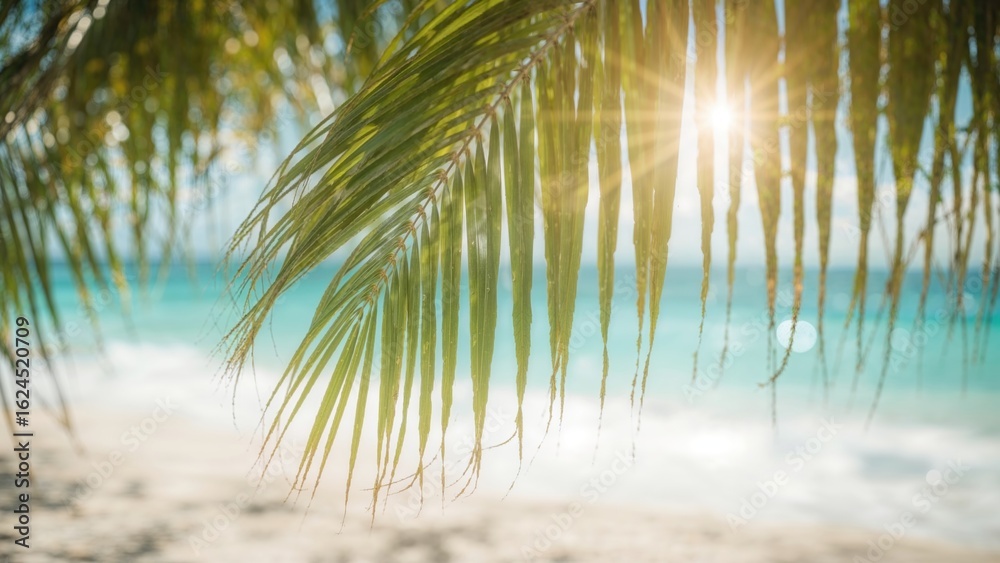 Fototapeta premium Soft focus on lush green palm frond against a sunlit tropical shore with shimmering bokeh and gentle waves