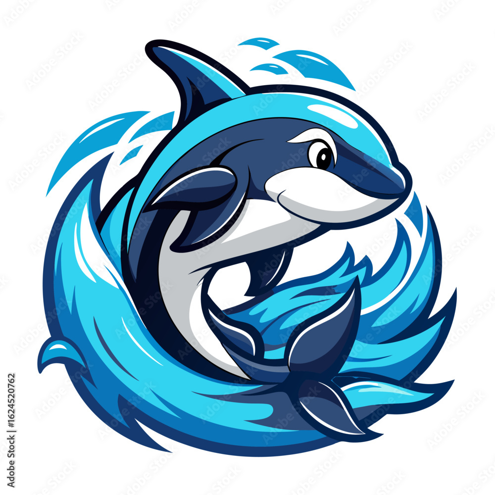 Obraz premium Playful Orca Mascot Leaping Through Waves with Thick Outlines for Aquatic-Themed Gaming