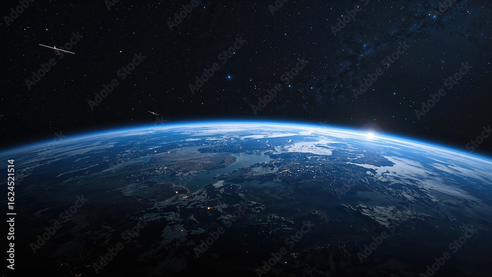 Obraz premium Planet with water and land suspended in outer space surrounded by stars