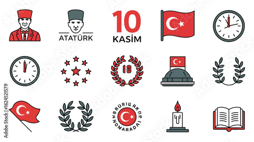 10 Kasım vector, Atatürk icons, Turkish flag, Atatürk silhouette, national pride, Turkish heritage, red and white vector, national monument,