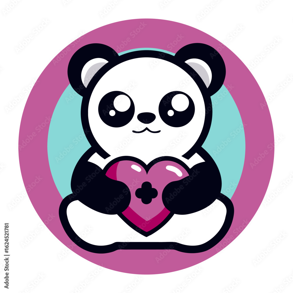 Naklejka premium Panda Mascot Hugging Heart-Shaped Controller in Circular Badge with Esports Typography