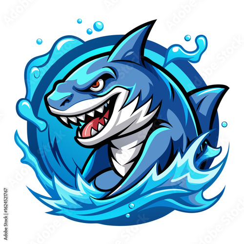 Charging Blue Shark Mascot with Splash Elements for Bold Modern Esports Vector Logo
