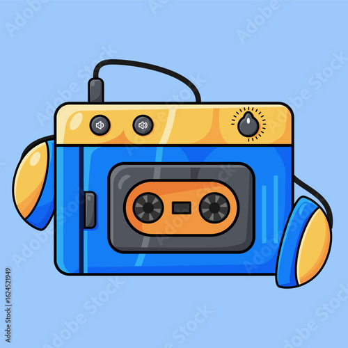 Vector illustration of a cassette player in blue and yellow colors