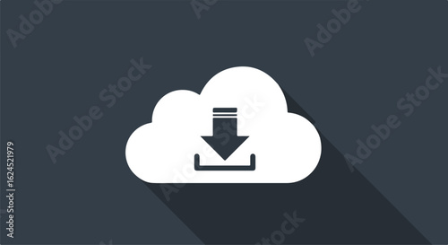 Downloading cloud. Arrow pointing down. Dark grey background. Tech concept