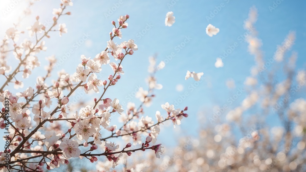 Close-up of blossoming twigs illuminated by sunlight, soft blurred background with space for writing. Spring blooms Seasonal background Close-up of blossoming twigs illuminated by sunlight, soft blurred background with space for writing. Spring blooms Seasonal background