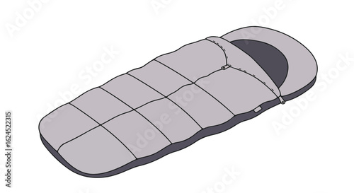 Isolated sleeping bag, zipped, on white. Campout, camping gear, flat lay