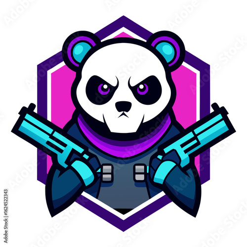 Cartoon Panda with Skull Head and Dual Guns in Neon Purple-Blue Badge for Shooter Teams