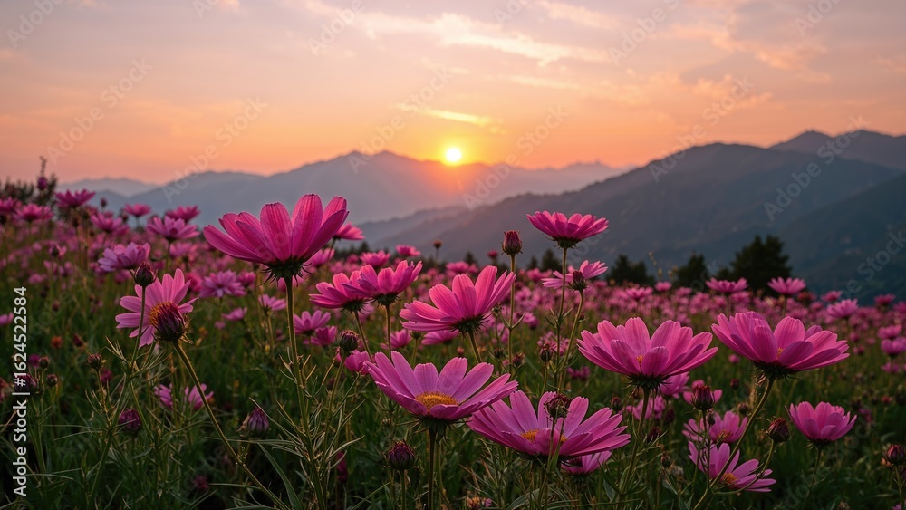 Mountain scenery at sunset with blooming pink Cosmos blooms. Mountain scenery at sunset with blooming pink Cosmos blooms.