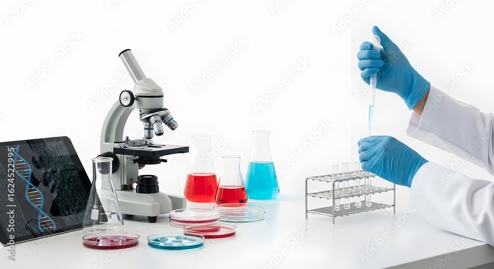 Fototapeta premium Laboratory setup with microscope and scientist conducting experiments with colored liquids early in the morning